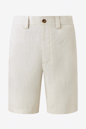 3D front view of men’s driftwood beige linen-Tencel tailored shorts with a clean, structured fit.