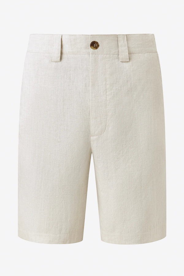 3D front view of men’s driftwood beige linen-Tencel tailored shorts with a clean, structured fit.