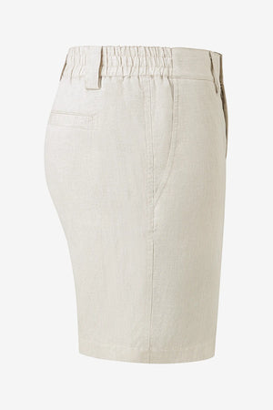 3D side view of men’s driftwood beige linen-Tencel tailored shorts highlighting a streamlined silhouette.