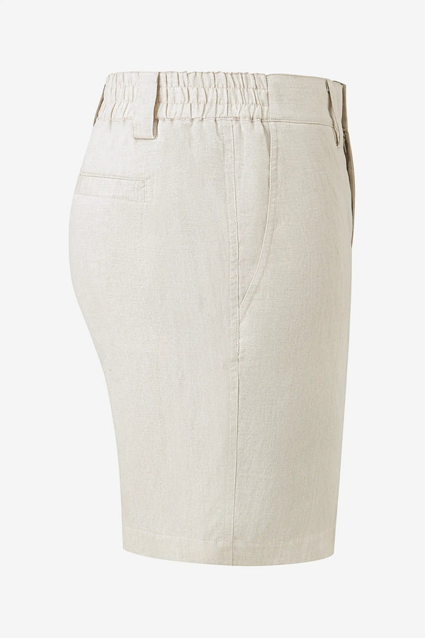 3D side view of men’s driftwood beige linen-Tencel tailored shorts highlighting a streamlined silhouette.