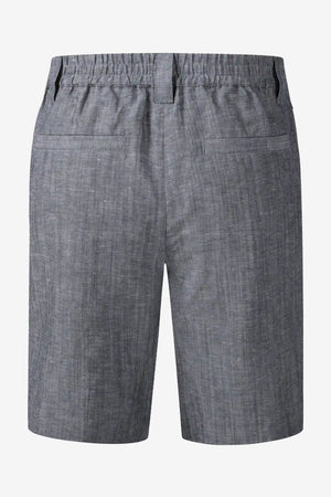 3D back view of men’s heather grey linen-Tencel tailored shorts with a refined, everyday finish.