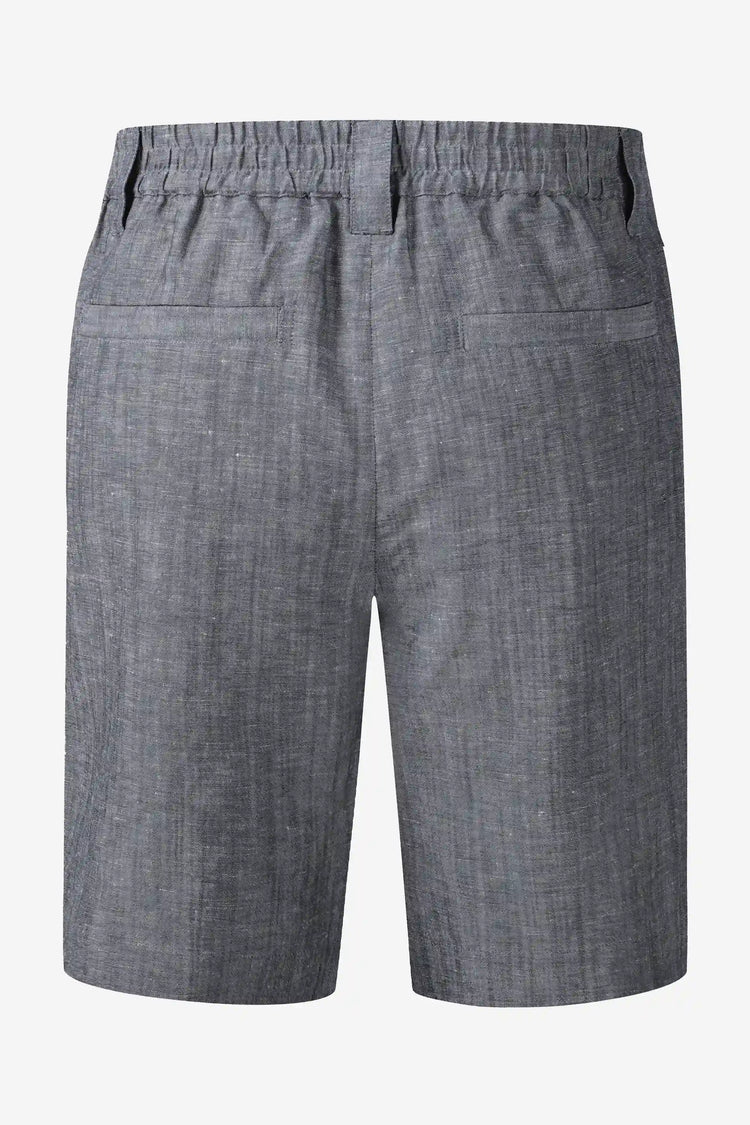 3D back view of men’s heather grey linen-Tencel tailored shorts with a refined, everyday finish.
