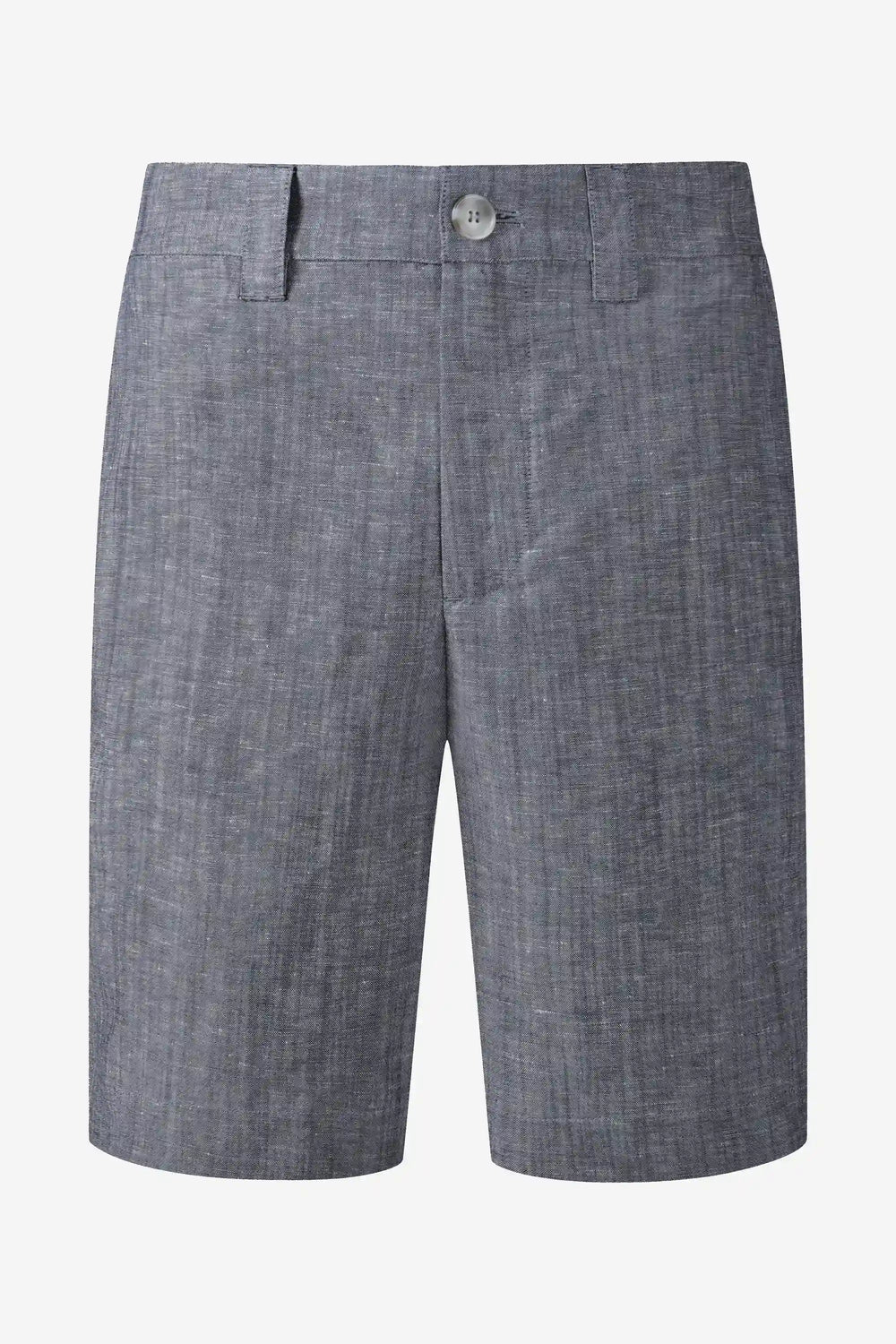 Front view of men’s heather grey linen-Tencel tailored shorts styled with a matching jacket, hands in pockets for a polished, relaxed look.