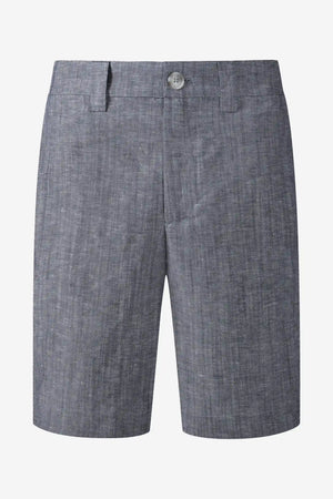 3D front view of men’s heather grey linen-Tencel tailored shorts with a clean, structured fit.