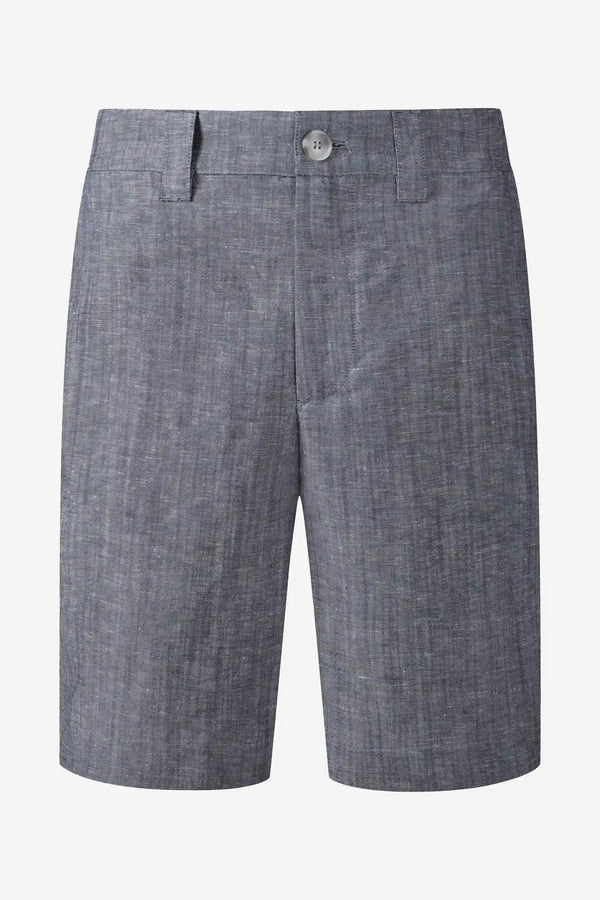 3D front view of men’s heather grey linen-Tencel tailored shorts with a clean, structured fit.