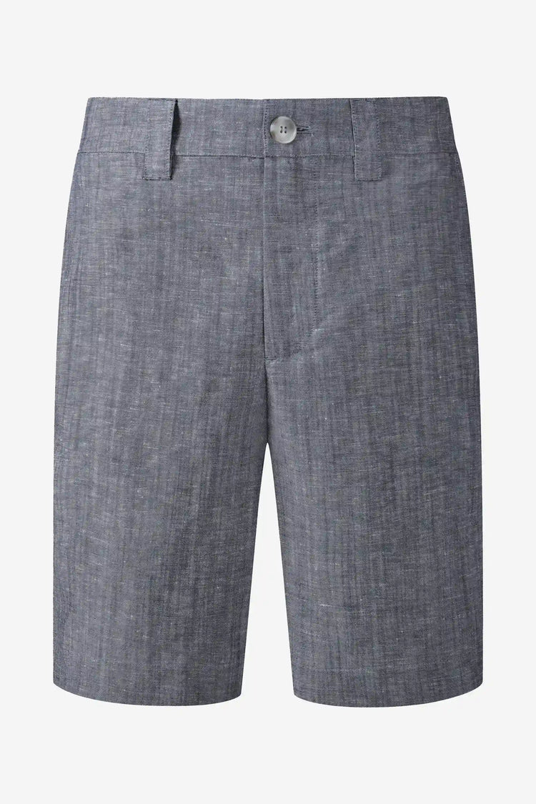 3D front view of men’s heather grey linen-Tencel tailored shorts with a clean, structured fit.
