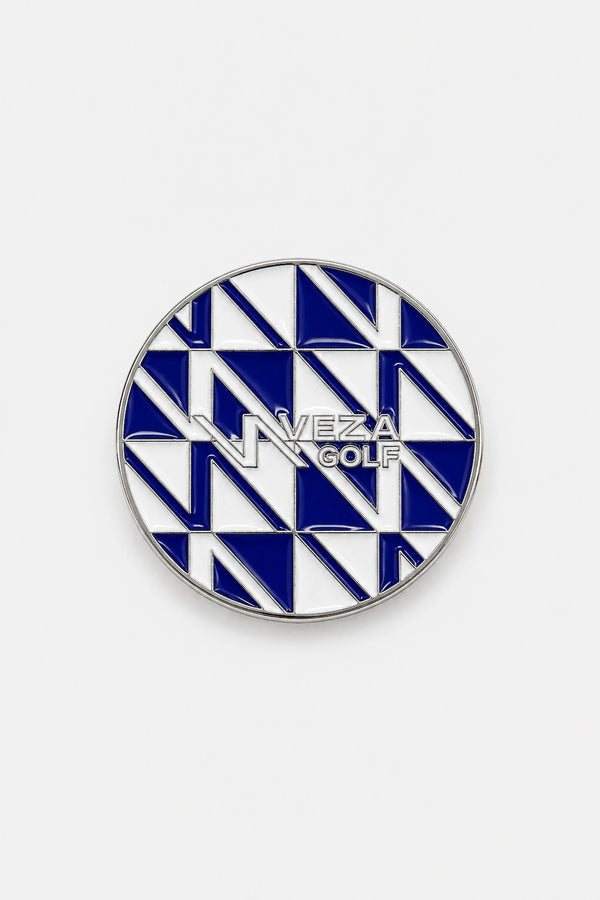 Front view of VEZA GOLF blue geometric magnetic golf ball marker with silver trim