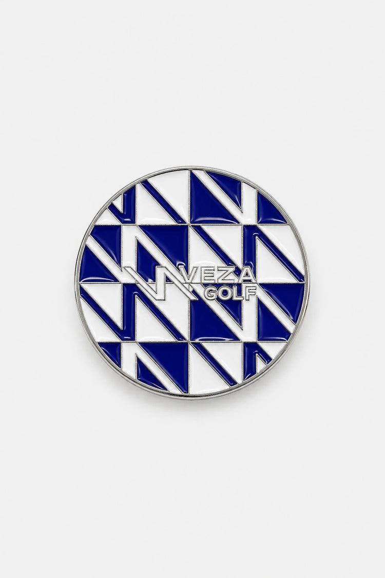 Front view of VEZA GOLF blue geometric magnetic golf ball marker with silver trim