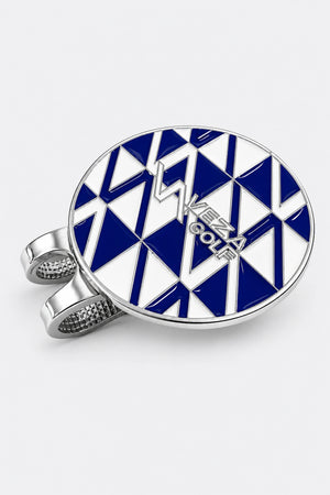 Close-up angled view of VEZA GOLF blue geometric magnetic hat clip with chrome finish