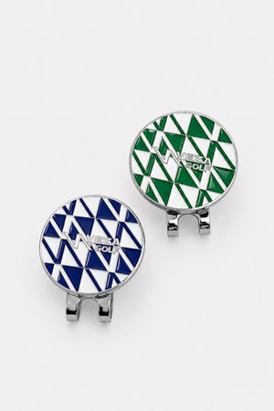VEZA GOLF geometric magnetic hat clips in blue and green with polished silver finish on light gray background