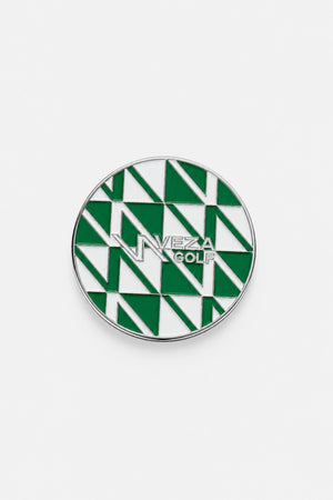 Front view of VEZA GOLF green geometric magnetic golf ball marker with silver trim