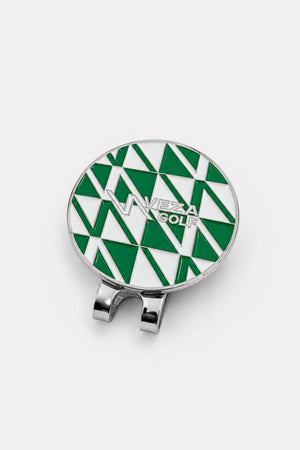 Angled product image of VEZA GOLF green geometric magnetic hat clip on light gray background