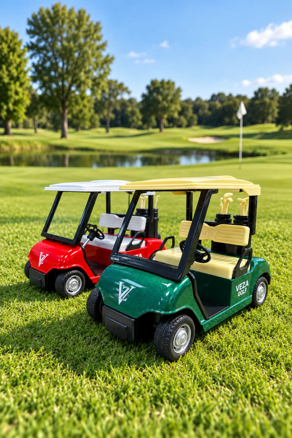 Red and green Veza Golf miniature golf carts displayed together on a sunny golf course, featuring miniature golf clubs and contrasting roofs