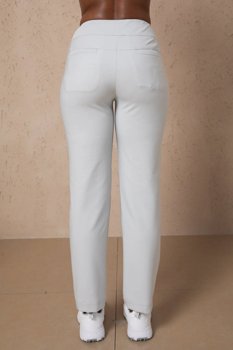 Back view of VEZA women’s cloudline white pull-on tailored pant with a clean, streamlined silhouette