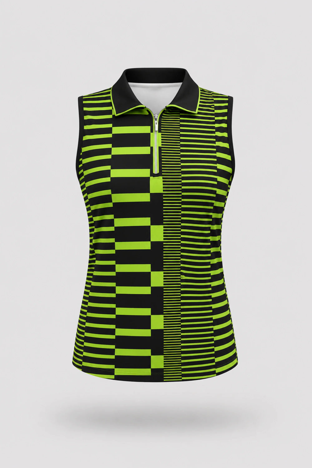 Women's patterned sleeveless golf polo in Circuit Stripe design with zip-neck collar and lightweight stretch fabric