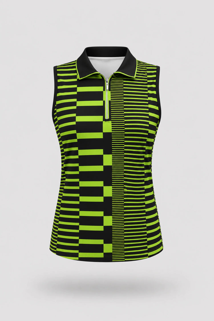 Women's patterned sleeveless golf polo in Circuit Stripe design with zip-neck collar and lightweight stretch fabric