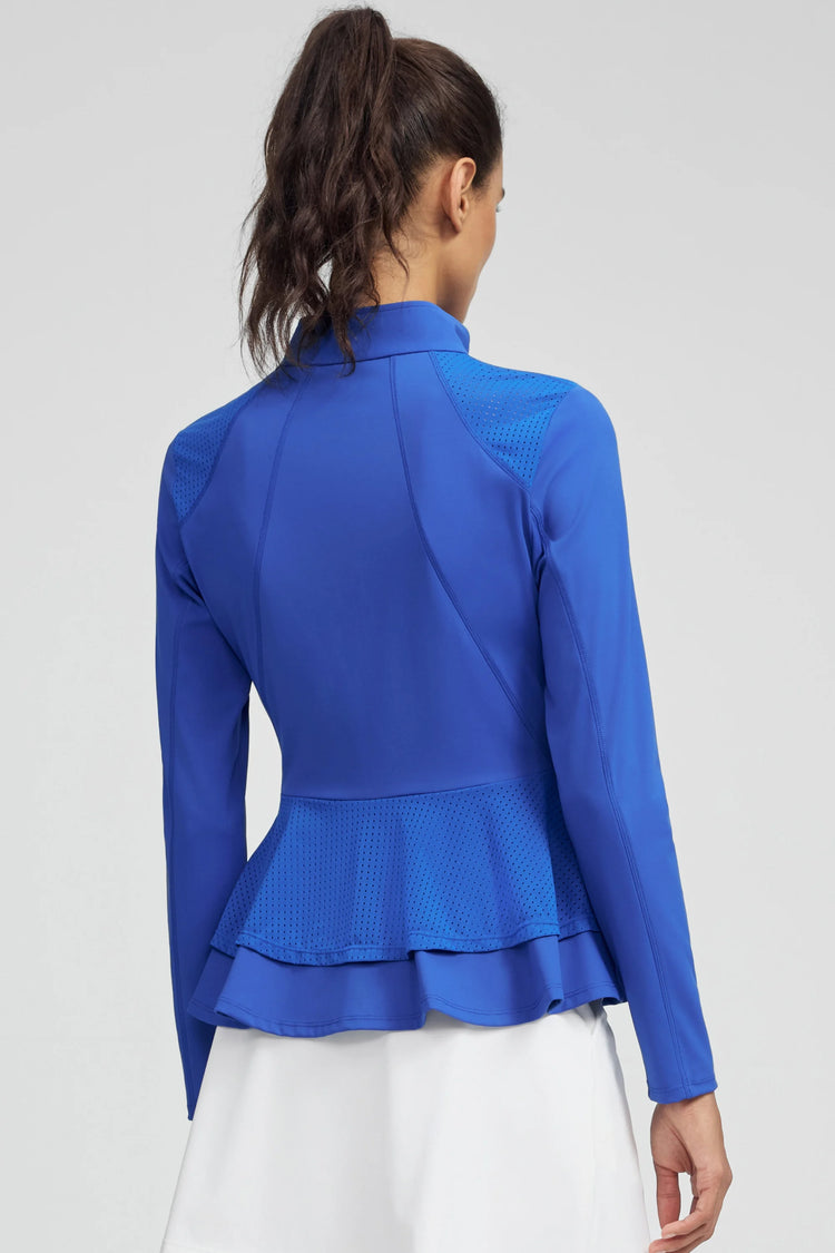 Back view of VEZA cobalt bloom blue mesh-panel zip jacket with a flattering peplum silhouette