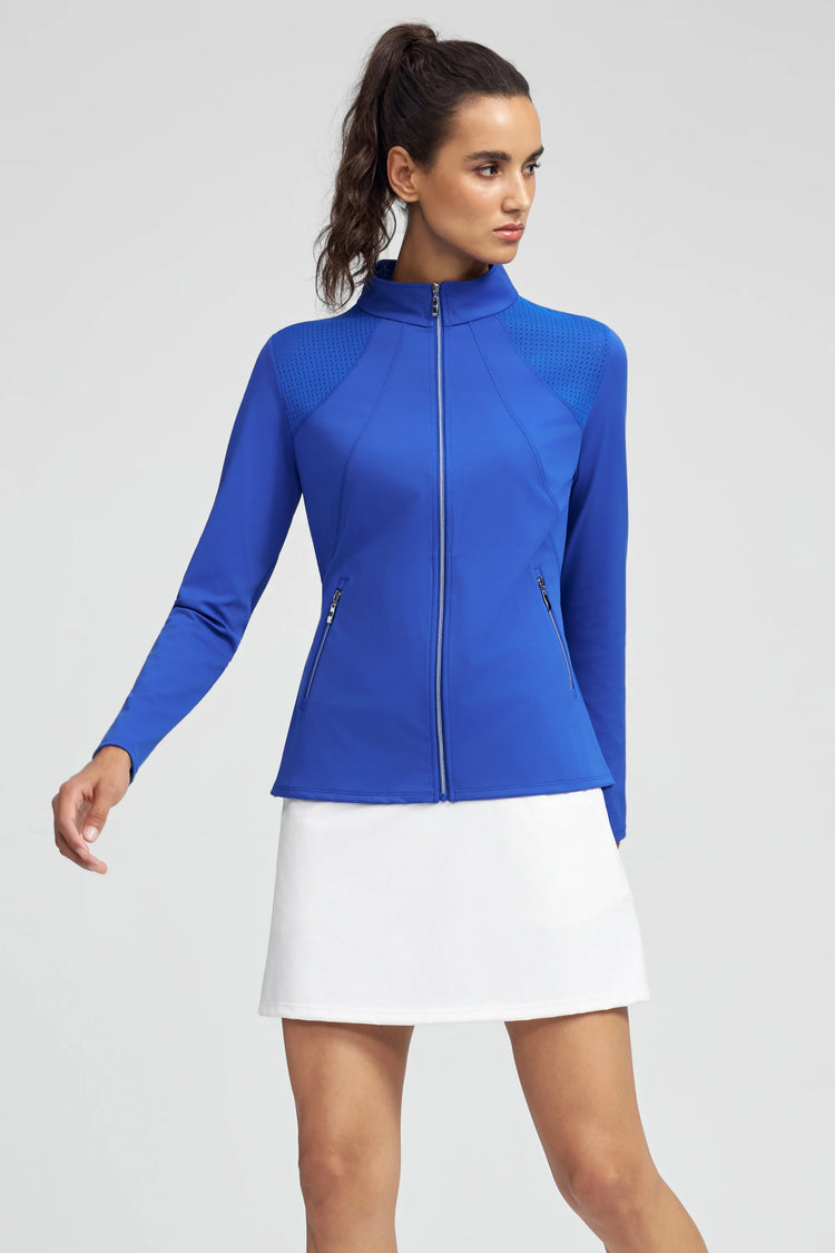 Front view of VEZA women’s cobalt bloom peplum zip jacket featuring breathable mesh panels and sculpted fit