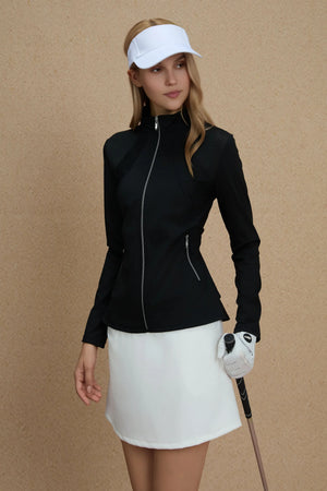 VEZA women’s onyx black peplum mesh-panel zip jacket shown from the front with a sleek athletic fit