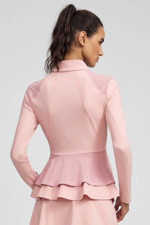 Back view of VEZA rose drive pink peplum mesh zip jacket with breathable mesh panels