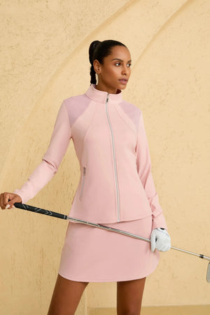 VEZA women’s rose drive pink peplum mesh-panel zip jacket designed for performance, front view on the course