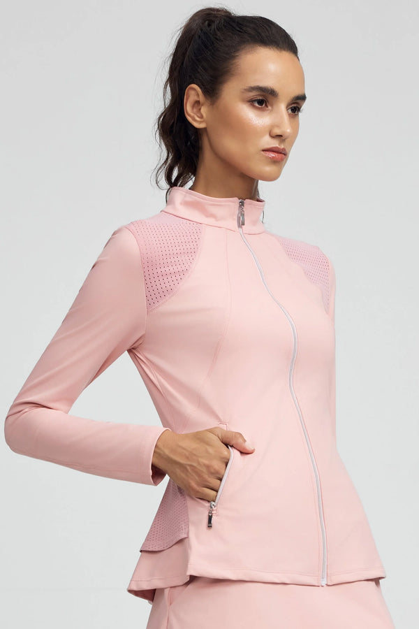 Side view of VEZA rose drive pink peplum mesh-panel zip jacket showing a sculpted, flattering fit