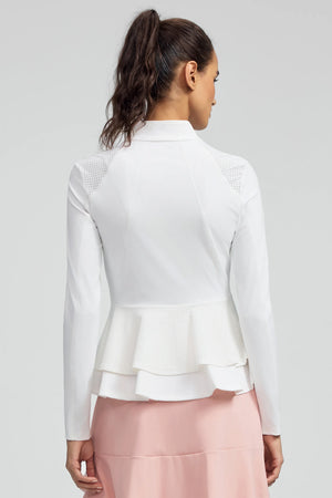 Back view of VEZA white peplum mesh zip jacket with breathable mesh panels and a defined peplum shape