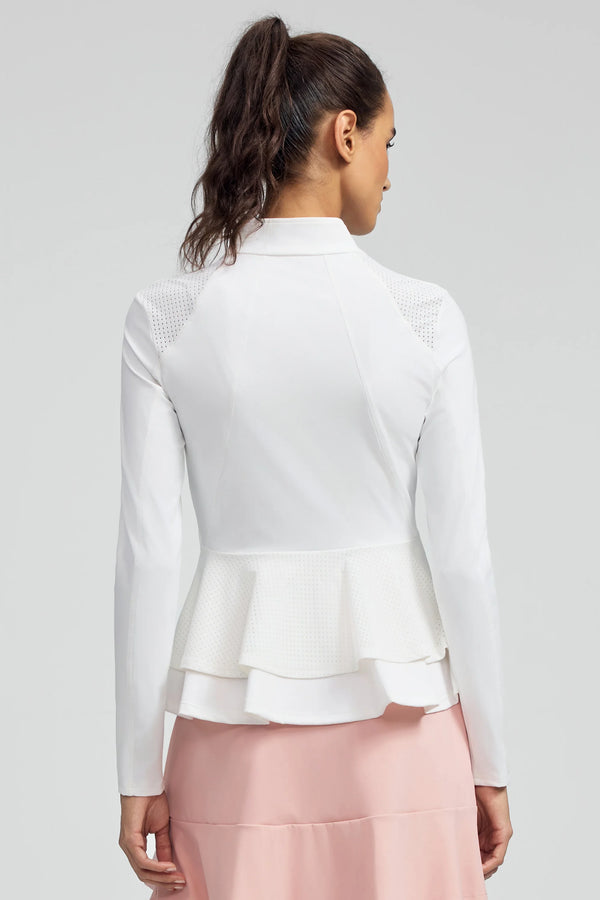 Back view of VEZA white peplum mesh zip jacket with breathable mesh panels and a defined peplum shape
