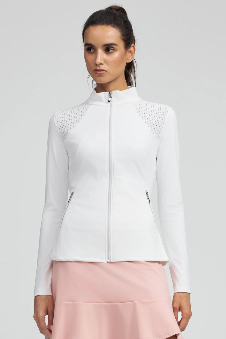 Woman wearing VEZA white peplum mesh-panel zip jacket with UPF 50+, styled with a pink athletic skirt, front view
