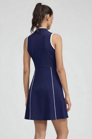 Back view of VEZA midnight swing navy blue sleeveless golf dress with a flattering A-line silhouette