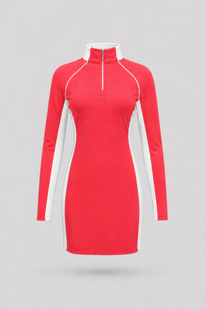 The Long Sleeve Zip Golf Dress - Coral Red
