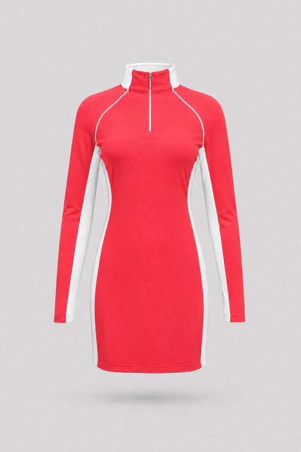 The Long Sleeve Zip Golf Dress - Coral Red