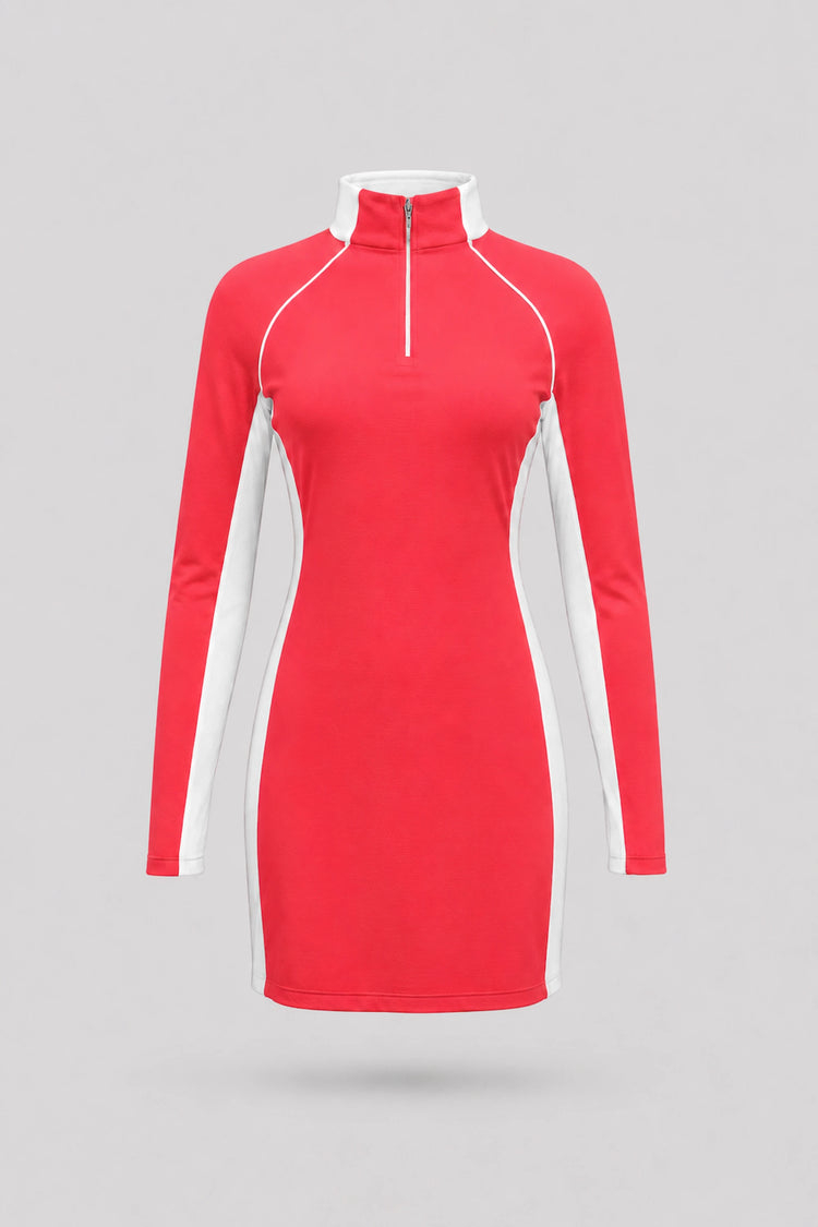 The Long Sleeve Zip Golf Dress - Coral Red