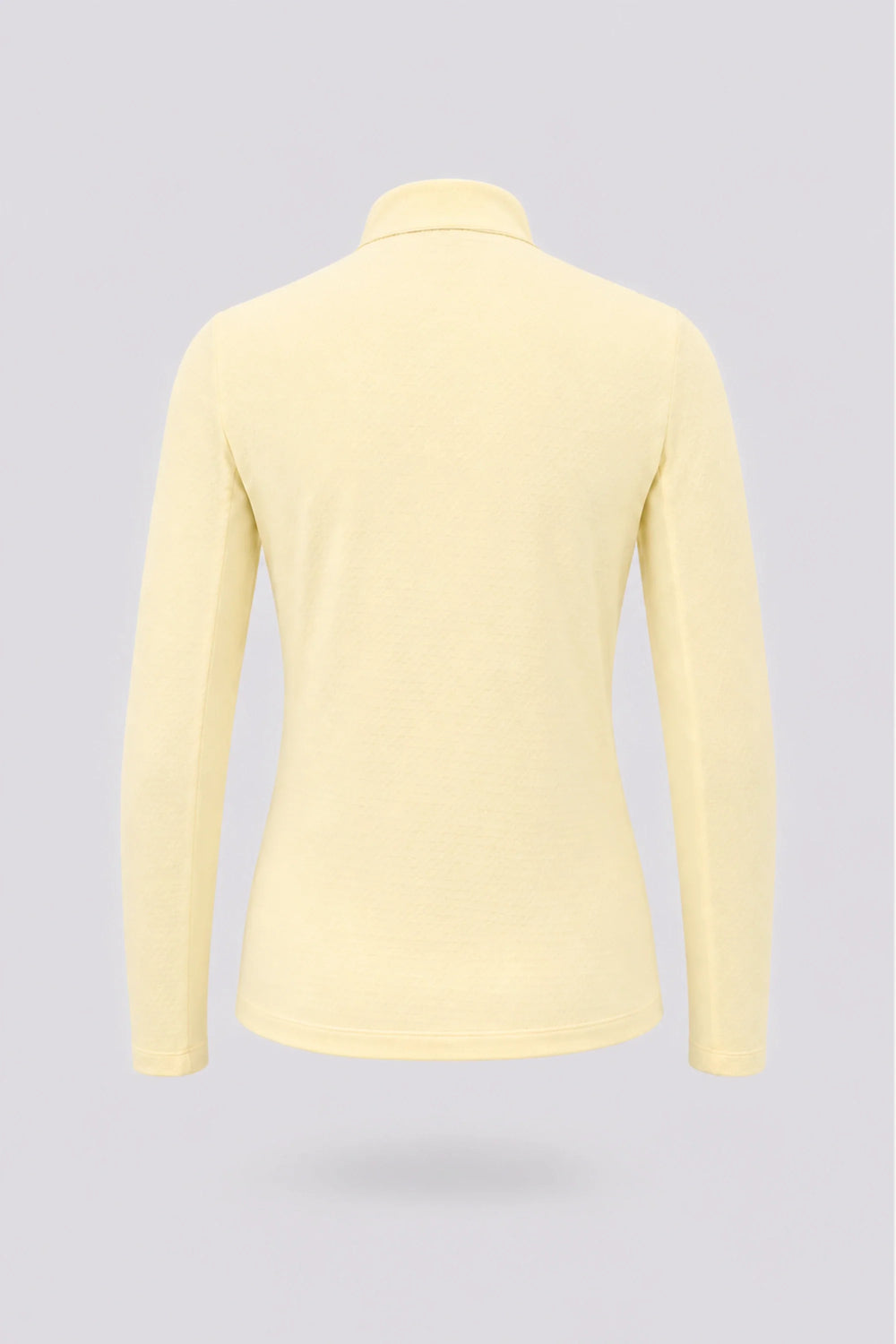 Women’s yellow long sleeve zip-neck golf top with breathable stretch fabric and UV protection front view