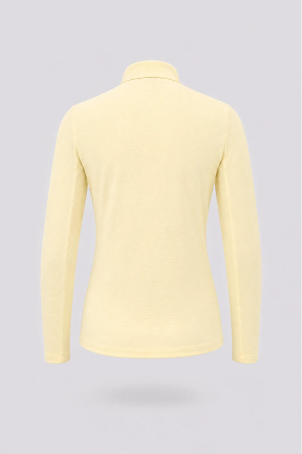 Back view of women’s yellow long sleeve zip-neck golf top with lightweight stretch performance fabric