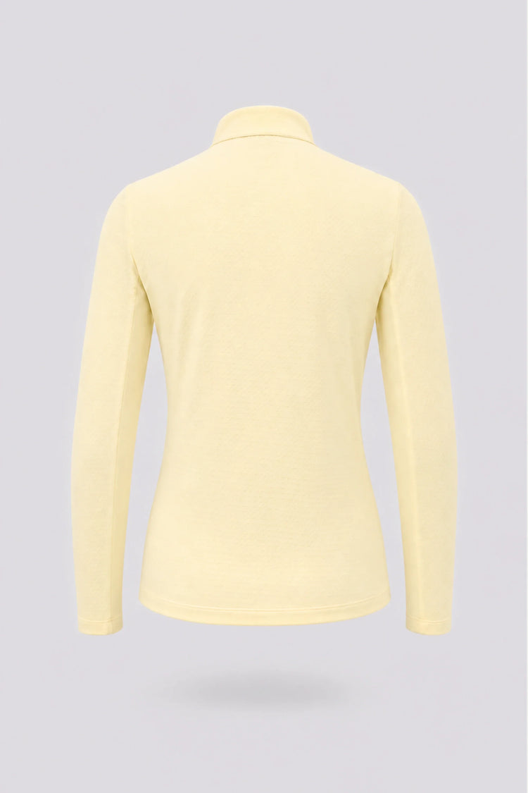 Back view of women’s yellow long sleeve zip-neck golf top with lightweight stretch performance fabric