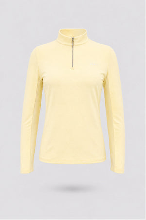 Women’s yellow long sleeve zip-neck golf top with breathable stretch fabric and UV protection front view