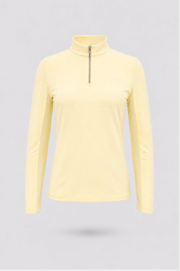 Women’s yellow long sleeve zip-neck golf top with breathable stretch fabric and UV protection front view
