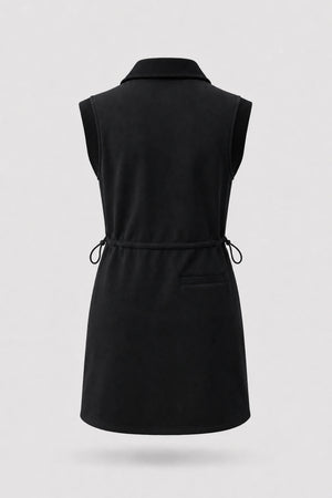 Back view of women's black sleeveless golf dress with folded collar, adjustable drawcord waist and back pocket