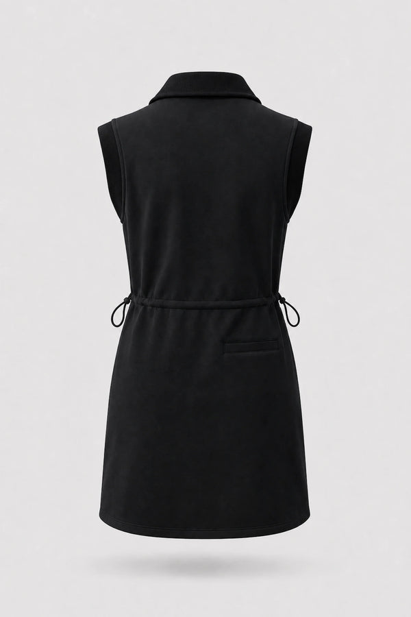 Back view of women's black sleeveless golf dress with folded collar, adjustable drawcord waist and back pocket