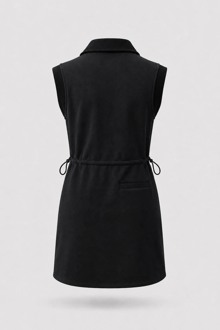 Back view of women's black sleeveless golf dress with folded collar, adjustable drawcord waist and back pocket