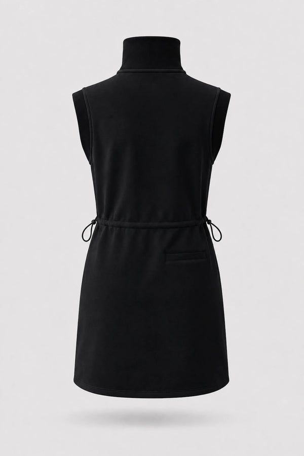 Back view of women's black sleeveless golf dress with stand collar, adjustable drawcord waist and back pocket