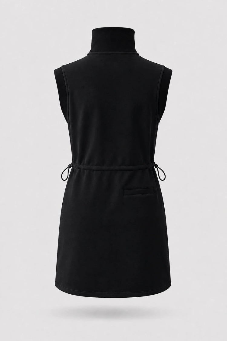 Back view of women's black sleeveless golf dress with stand collar, adjustable drawcord waist and back pocket