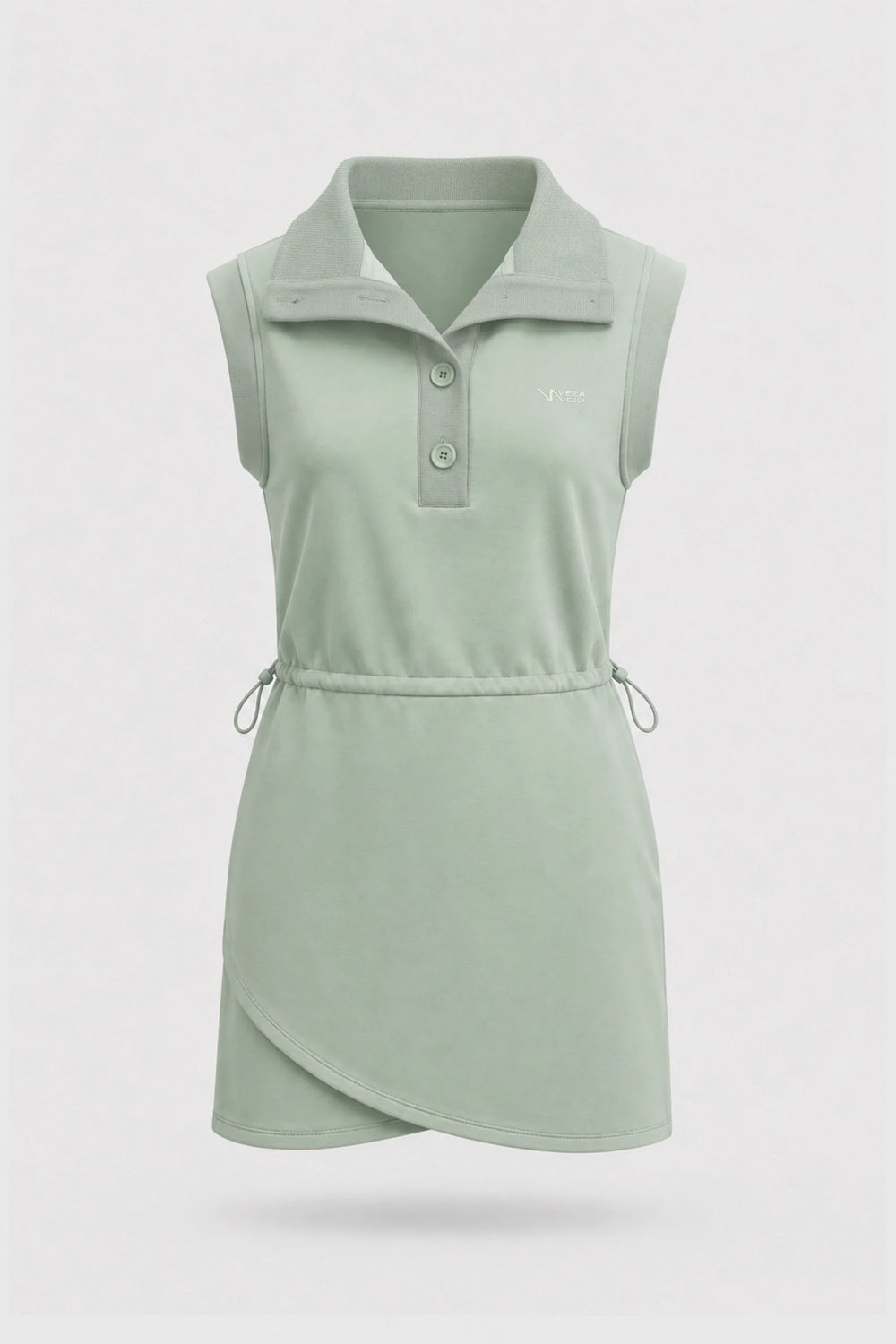 Front view of women's sage green sleeveless golf dress with folded collar, adjustable drawcord waist and asymmetric wrap hem