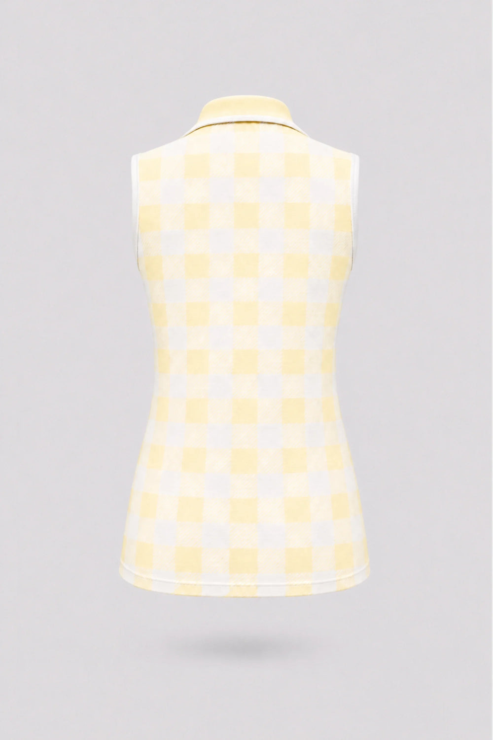 Women’s sleeveless zip neck golf polo in yellow gingham with breathable stretch fabric and UV protection front view