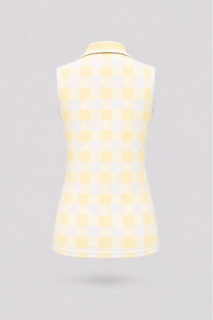 Back view of women’s sleeveless yellow gingham golf polo with a tailored fit and lightweight performance fabric