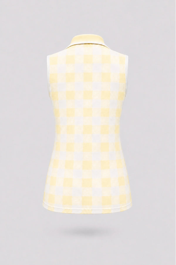 Back view of women’s sleeveless yellow gingham golf polo with a tailored fit and lightweight performance fabric