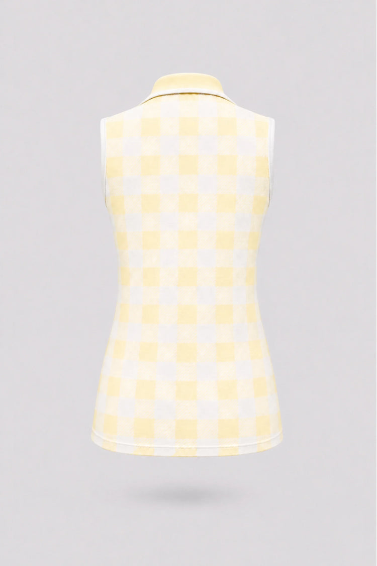 Back view of women’s sleeveless yellow gingham golf polo with a tailored fit and lightweight performance fabric