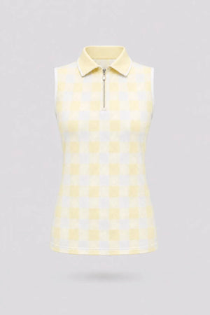 Women’s sleeveless zip neck golf polo in yellow gingham with breathable stretch fabric and UV protection front view