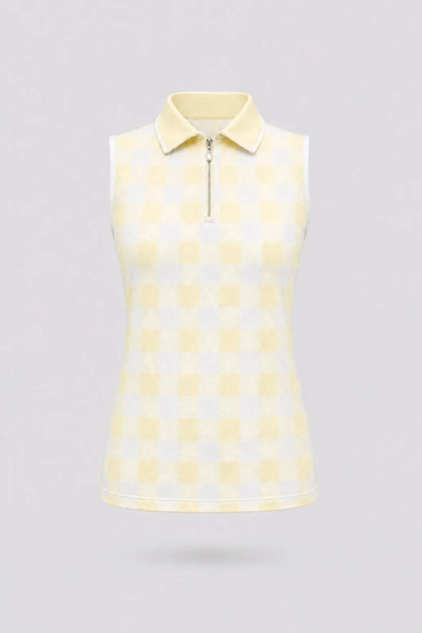 Women’s sleeveless zip neck golf polo in yellow gingham with breathable stretch fabric and UV protection front view